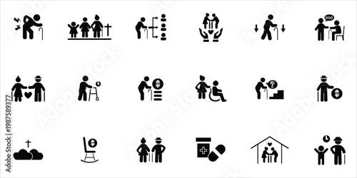 elderly icons set. elderly, generation, senior, pensioner, lifetime, social support, elder care, caregiver and more. simple solid vector illustration