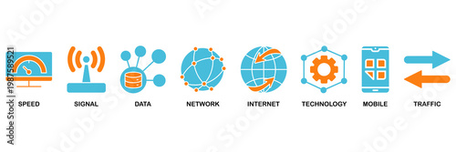 5G icon set Aqua Orange Flat concept for speed, signal, data, network, internet, technology, mobile and traffic