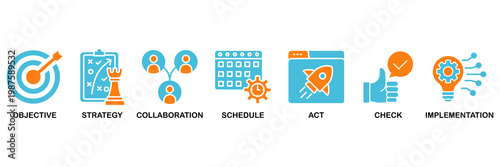 Action plan icon set Aqua Orange Flat concept for objective, strategy, collaboration, schedule, act, launch, check, and implementation