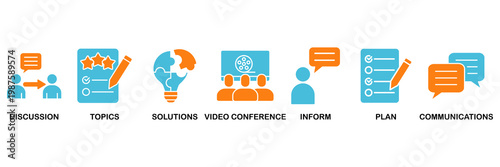Meeting icon set Aqua Orange Flat concept for business meeting and discussion with communications, topics, solutions, plan, inform and video conference icon