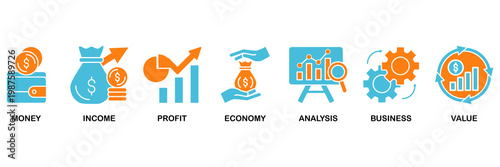 Cash flow icon set Aqua Orange Flat concept for business and finance circulation with icon of money, income, profit, economy, analysis, business, and value