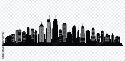 Black silhouette of a city skyline with tall buildings and skyscrapers