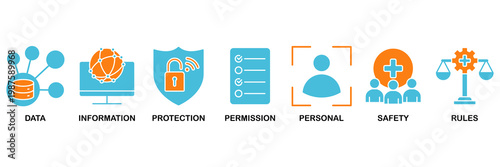 Data protection icon set Aqua Orange Flat concept for data, information, protection, permission, personal, safety and rules
