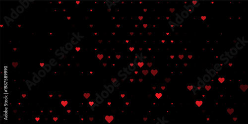 Red heart halftone pattern on black background, abstract vector design with scattered romantic shapes, creative minimalist texture for  wedding decor, and love themes