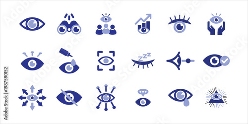 eye icons set. see, eye, vision, focus, visible, drop and more. simple colored vector illustration