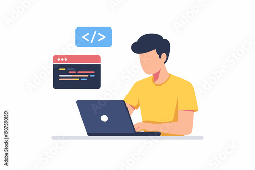 Illustration of young asian male coder working on laptop with code icons