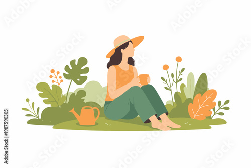 Young caucasian female relaxing outdoors with coffee