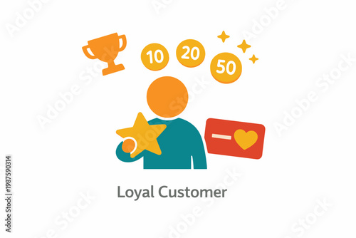 Loyalty reward concept with trophy, coins, and customer icon featuring a star and heart card