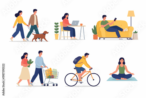 Daily activities of young caucasian adults: walking, working, relaxing, shopping, biking, meditating