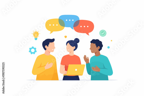 Diverse team discussion: male and female young adults collaborating with laptops and chat bubbles