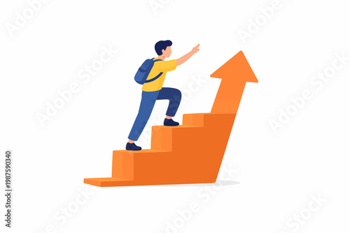 Young caucasian male climbs stairs with arrow symbolizing success and achievement