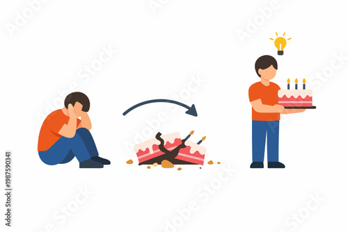 Transformation from sadness to celebration with cake creation idea