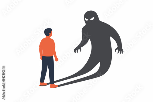 Young male facing shadowy figure: confrontation and self-reflection concept