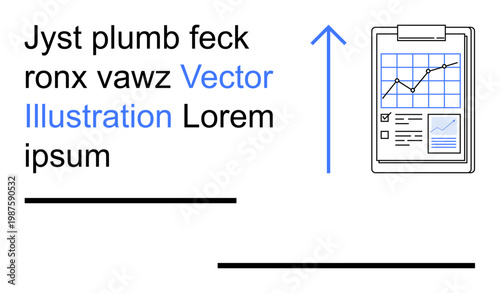 Business strategy, data analysis, corporate growth, progress tracking, financial planning, reporting metrics. Clipboard with chart and upward arrow. Business strategy and data analysis concept