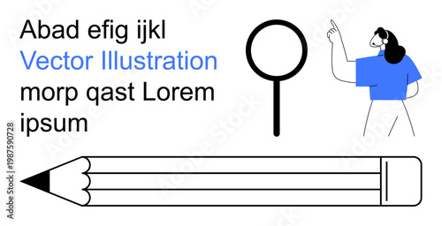 Education, design tools, creativity, analysis, typography, visual communication. Vector artwork a pencil, magnifying glass text elements and a figure gesturing. Education and design tools concept