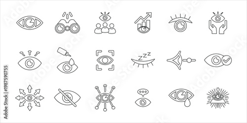 eye icons set. see, eye, vision, focus, visible, supervision, hidden and more. simple line vector illustration