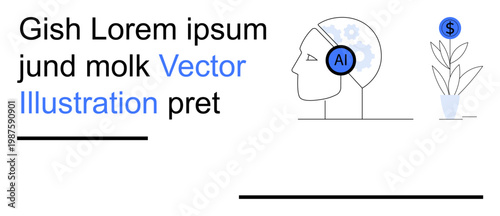 Artificial intelligence, finance, innovation, technology, brain science, growth. Line art head with AI gear inside and plant with dollar sign. Artificial intelligence and finance concept