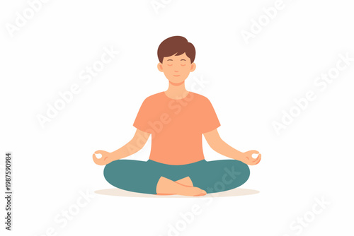 Young caucasian male meditating in lotus pose with relaxed expression on white background