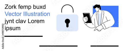 Data protection, cybersecurity solutions, secure communication, online safety, privacy awareness, encryption. A lock icon with a professional using a tablet. Data protection and cybersecurity
