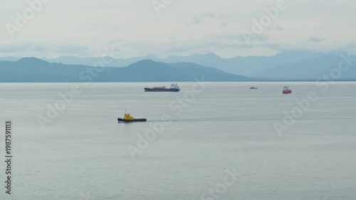 Tankers and ships sail in the ocean bay against the backdrop of Kamchatka's picturesque mountains and volcanoes. Fishing industry