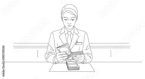Bank Teller Counting Money Cash Bills at Counter - Business Finance Transaction