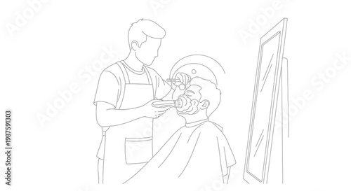 Barber shaving a man's beard with a brush and razor in a barbershop, line art