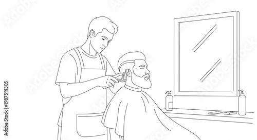 Barber cutting client's hair with electric trimmer in salon, mirror reflection
