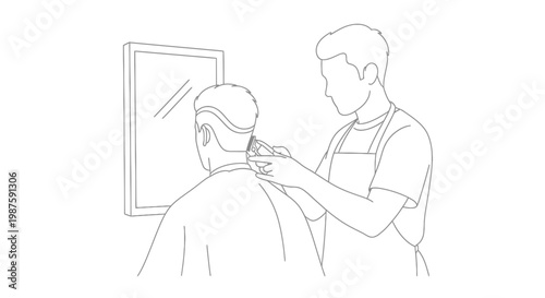 Barber cutting man's hair with electric clippers in front of mirror, line drawing style
