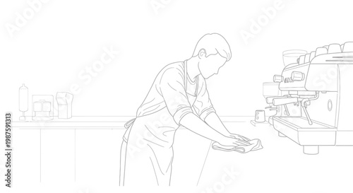 Barista cleaning coffee machine counter, preparing for service, coffee shop work, hygiene concept