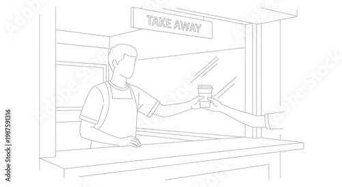 Barista handing takeaway coffee cup to customer over counter, service, cafe, business