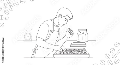 Barista inspecting coffee beans for quality control in a cafe
