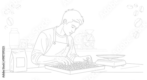 Barista inspecting coffee beans for quality control in a cafe