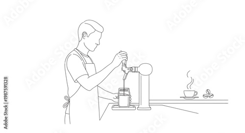 Barista pouring drink from tap into jar, coffee cup steaming nearby