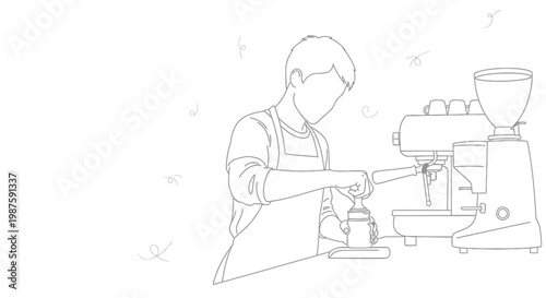Barista preparing coffee using espresso machine and tamper, line art illustration