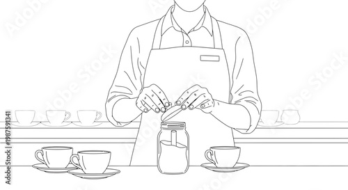 Barista preparing coffee, adding sugar to a cup, cafe counter with cups