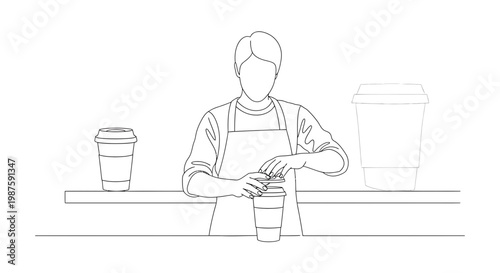 Barista preparing coffee drink, closing lid on takeaway cup at counter