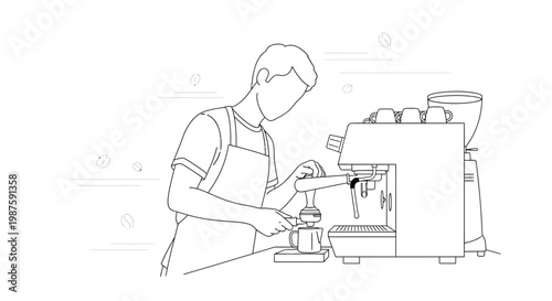 Barista preparing espresso with tamper and coffee machine, line art illustration