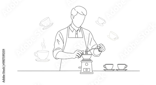 Barista preparing coffee with vintage grinder, steaming cup and espresso cups