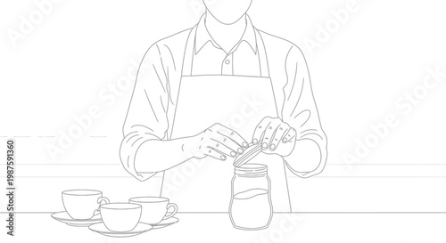 Barista preparing coffee, opening sugar jar, cups on table, line art illustration