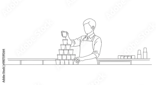 Barista stacking cups for coffee, preparing for service, line art illustration