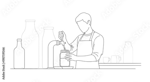Bartender Filling Jar with Beverage from Tap, Surrounded by Bottles