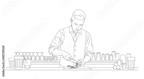 Bartender preparing cocktail garnish, line art illustration