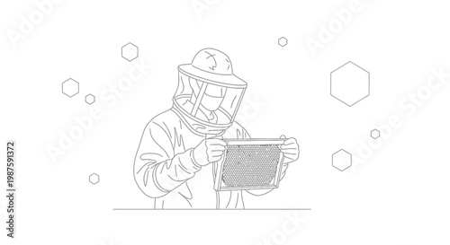 Beekeeper in protective suit examining honeycomb frame, surrounded by abstract hexagons