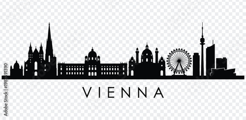 Black silhouette of vienna city skyline with famous landmarks and ferris wheel