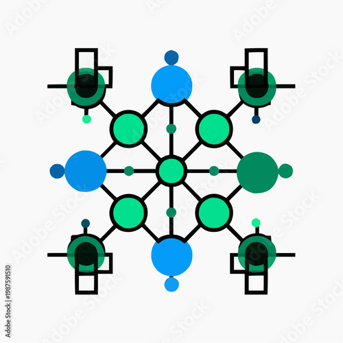 Flat vector illustration of a decentralized network structure, suitable for technology articles, blockchain presentations, or digital concept designs.