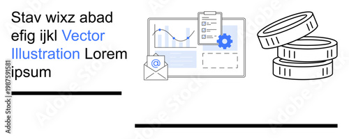 Business growth, online statistics, financial planning, data analytics, marketing strategy, digital communication. Visual features include charts, email icons and coin stacks. Business growth
