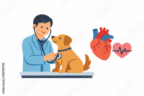 Cartoon male veterinarian examining dog with stethoscope and heart symbols