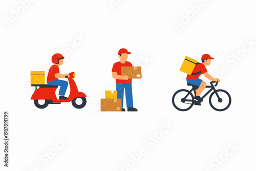 Delivery services concept: scooter, bicycle, and packages with male couriers