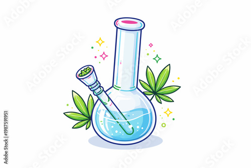 Cartoon style glass bong with cannabis leaves and sparkles