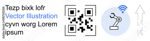 Automation, technology, data transfer, connectivity, innovation, robotics. A QR code alongside a robotic arm icon, wireless signal and upward arrow. Emphasizing automation and connectivity concepts